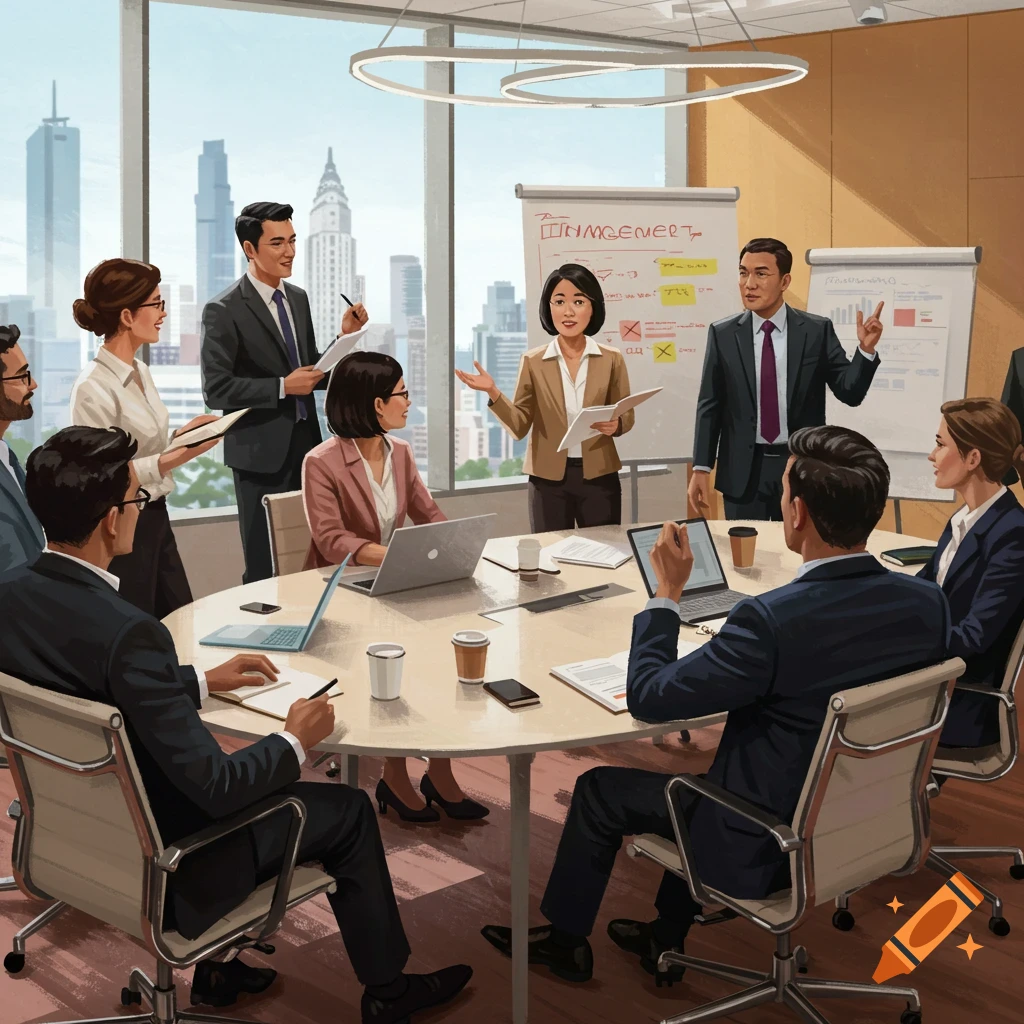 A diverse group of business people in a meeting room with a city skyline view, gathered around a table looking at papers and whiteboards.