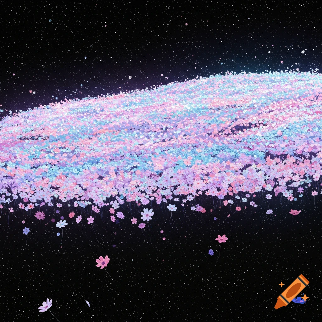 A large cluster of colorful flowers floating in space with scattered stars.