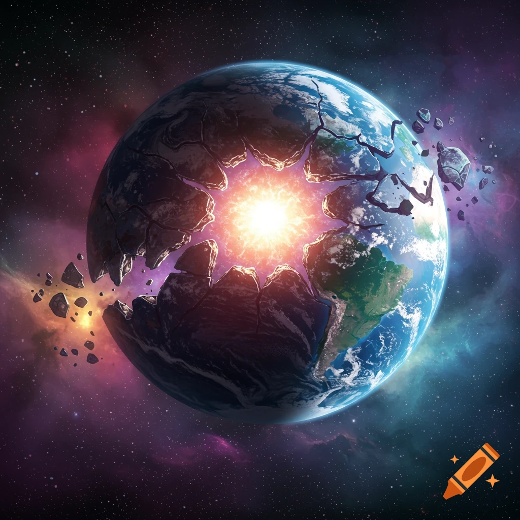 An Earth-like planet shattering in space, revealing a bright core.