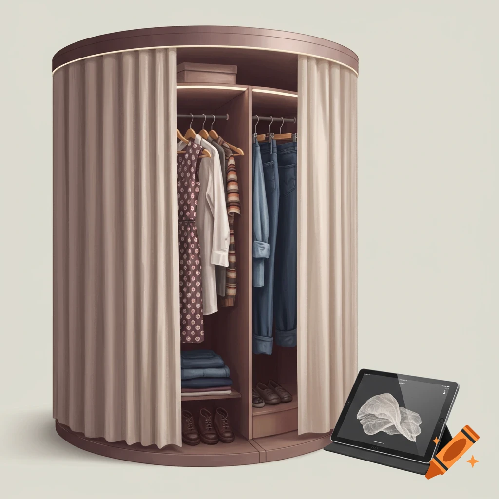 A cylindrical closet with curtains, clothes, and a tablet on the floor.