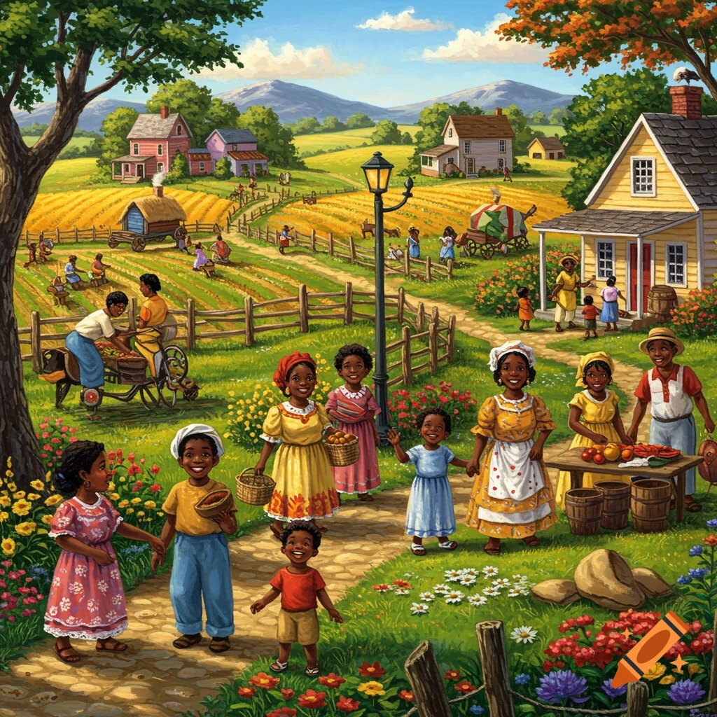 Vibrant image of a cheerful African American village scene with people farming and children playing.