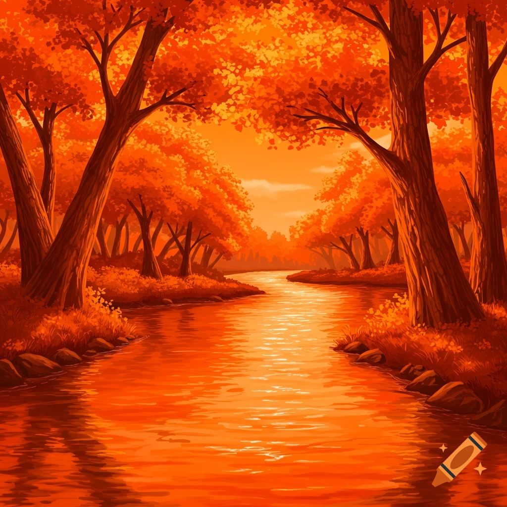 An orange river flows through a forest of orange trees.