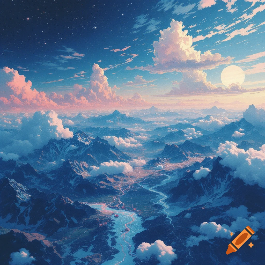 Panoramic digital art of a mountain landscape with a river, clouds, and stars at dawn.