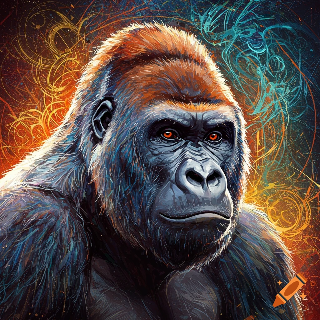 A gorilla stands against a colorful abstract background