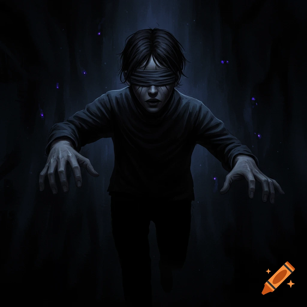 A dark picture of a blindfolded person reaching out in the dark.