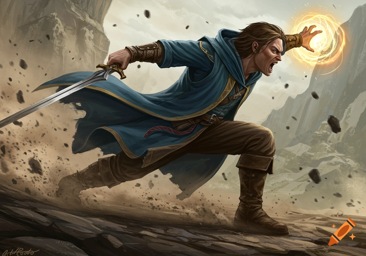 A wizard runs through a rocky landscape, holding a sword and casting a glowing spell.