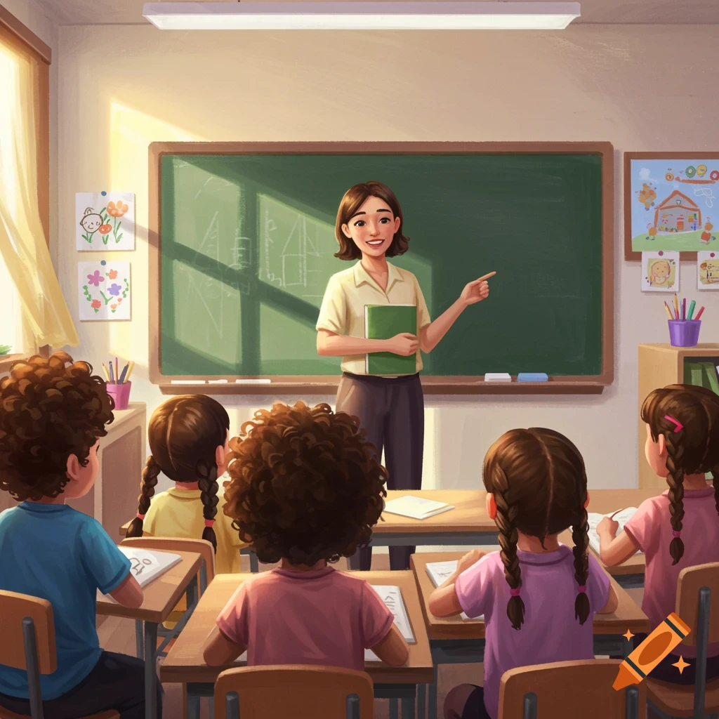 A teacher points to a blackboard as students watch in a brightly lit classroom.