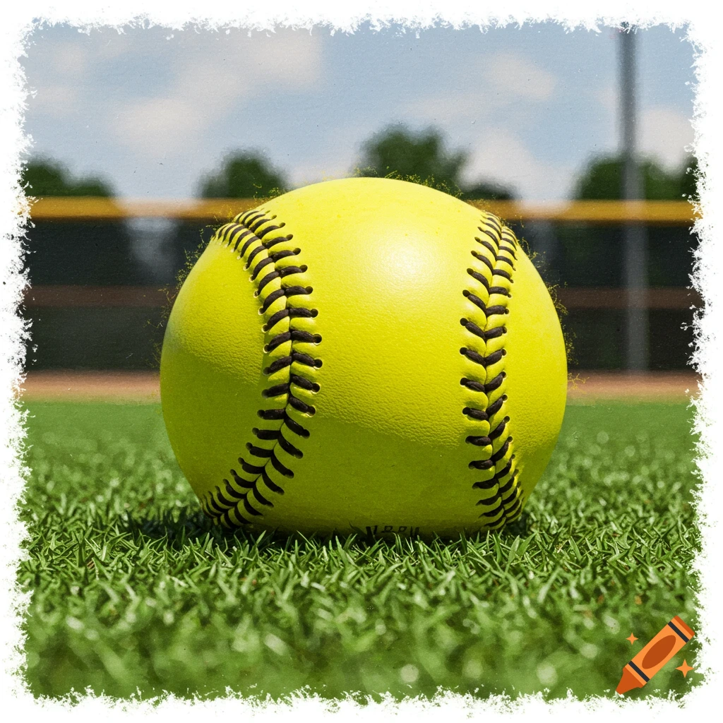 A yellow softball rests on green grass on a baseball field.