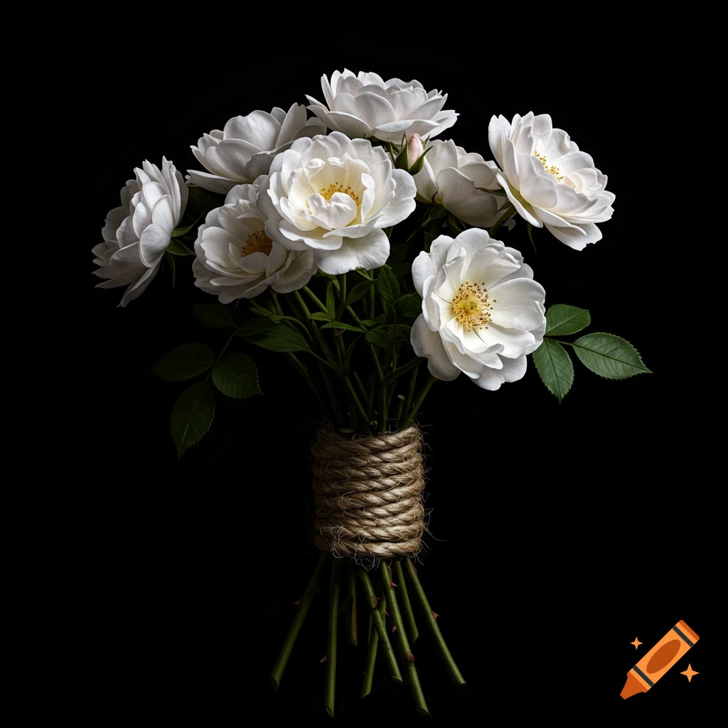 A bouquet of white roses tied with rope against a black background in a still life style.