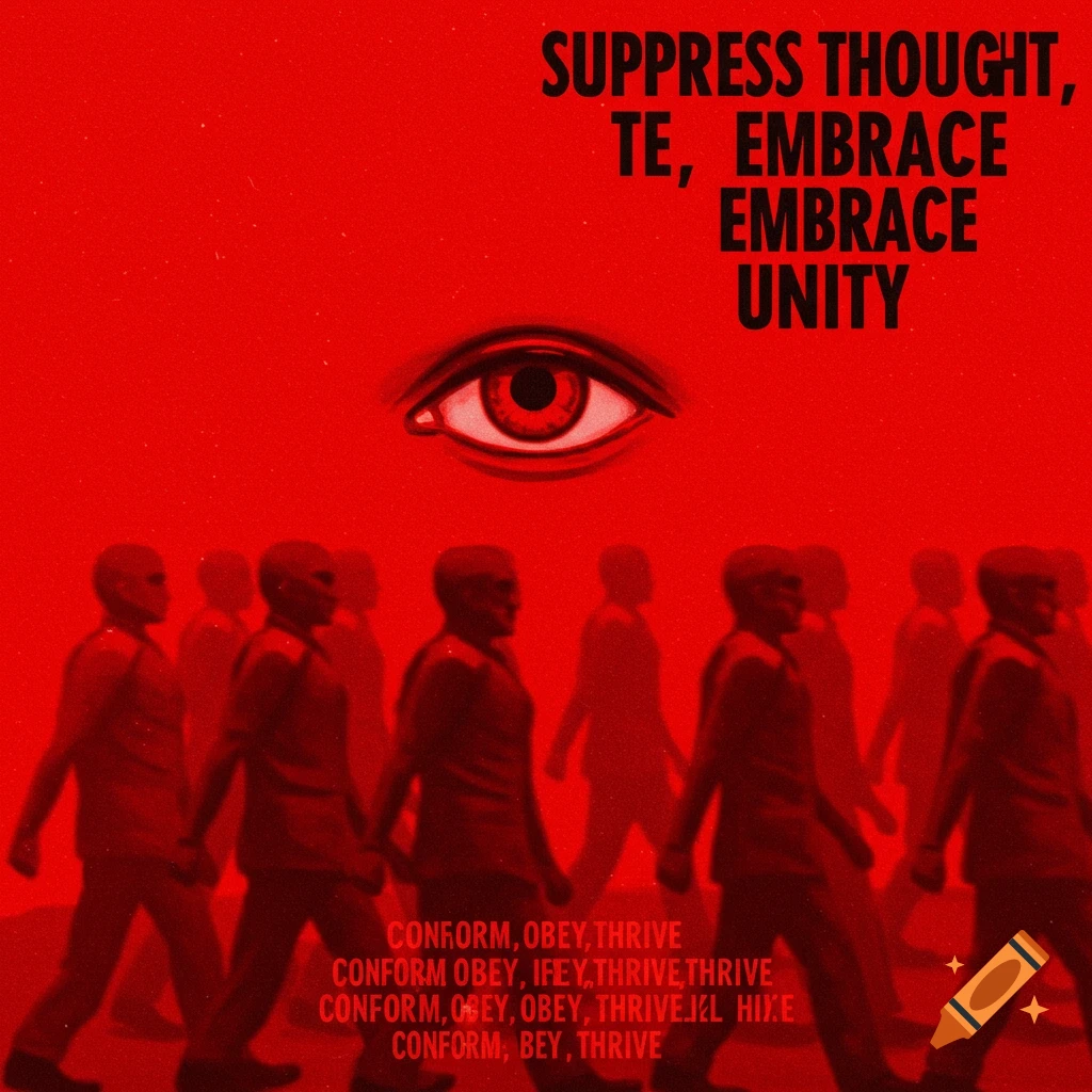 Propaganda poster in red with marching figures, a large eye, and text about suppressing thought and conforming.