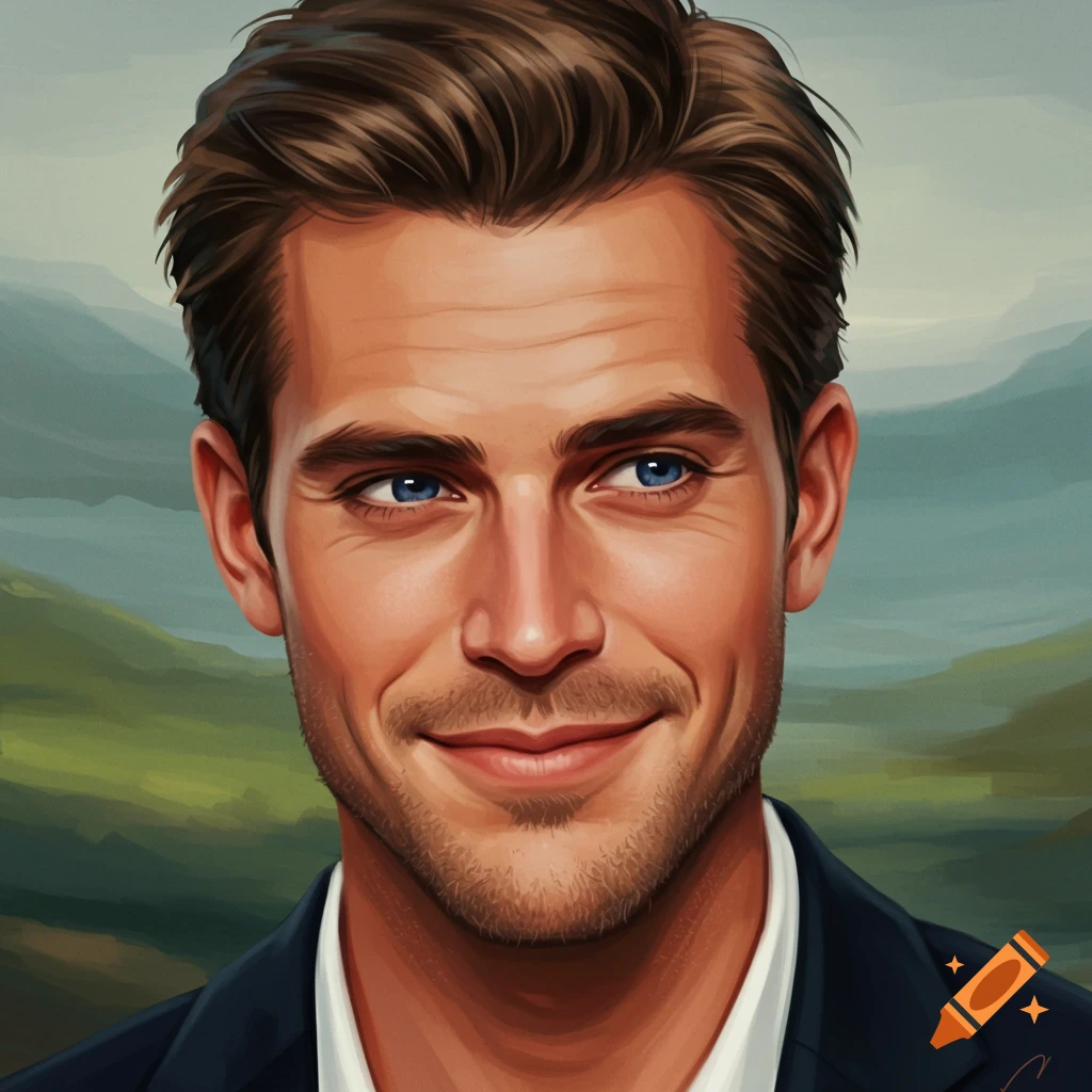 A smiling man against a landscape.