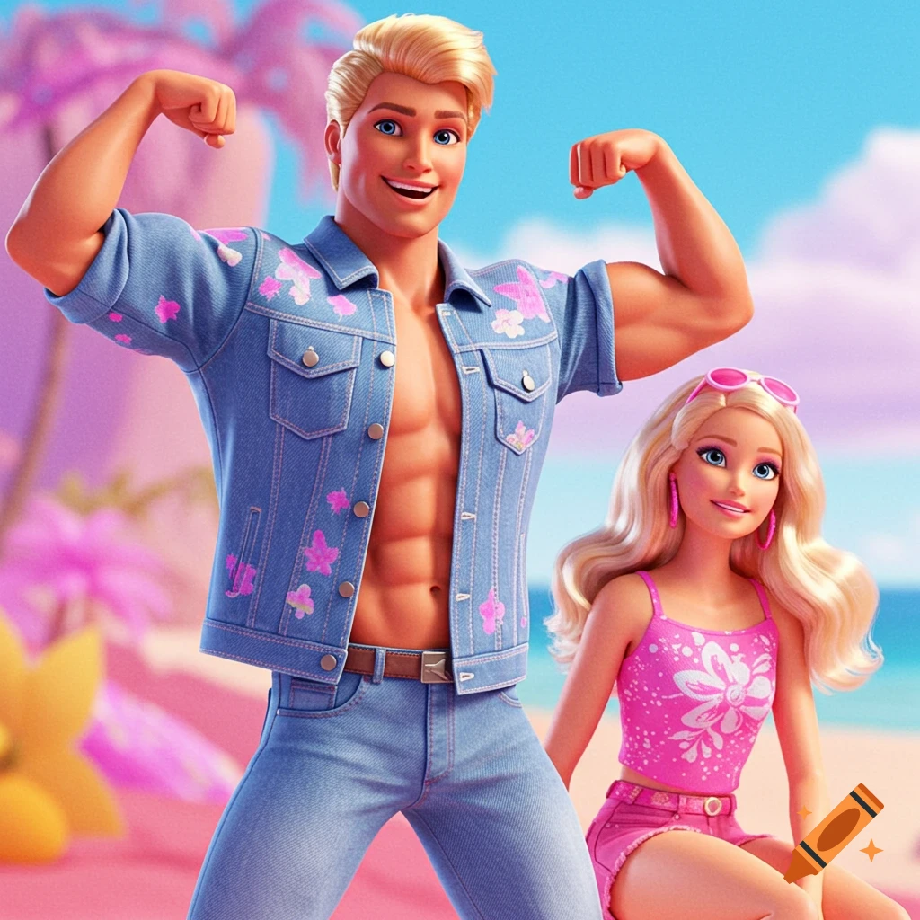 Ken flexing his biceps while Barbie sits next to him on a beach.