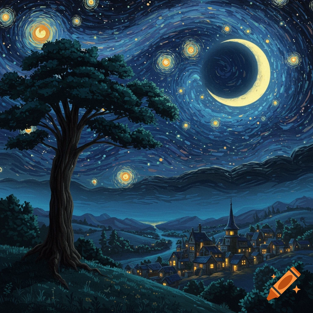 A swirly night sky with stars and a crescent moon, a large tree, and a small town below.