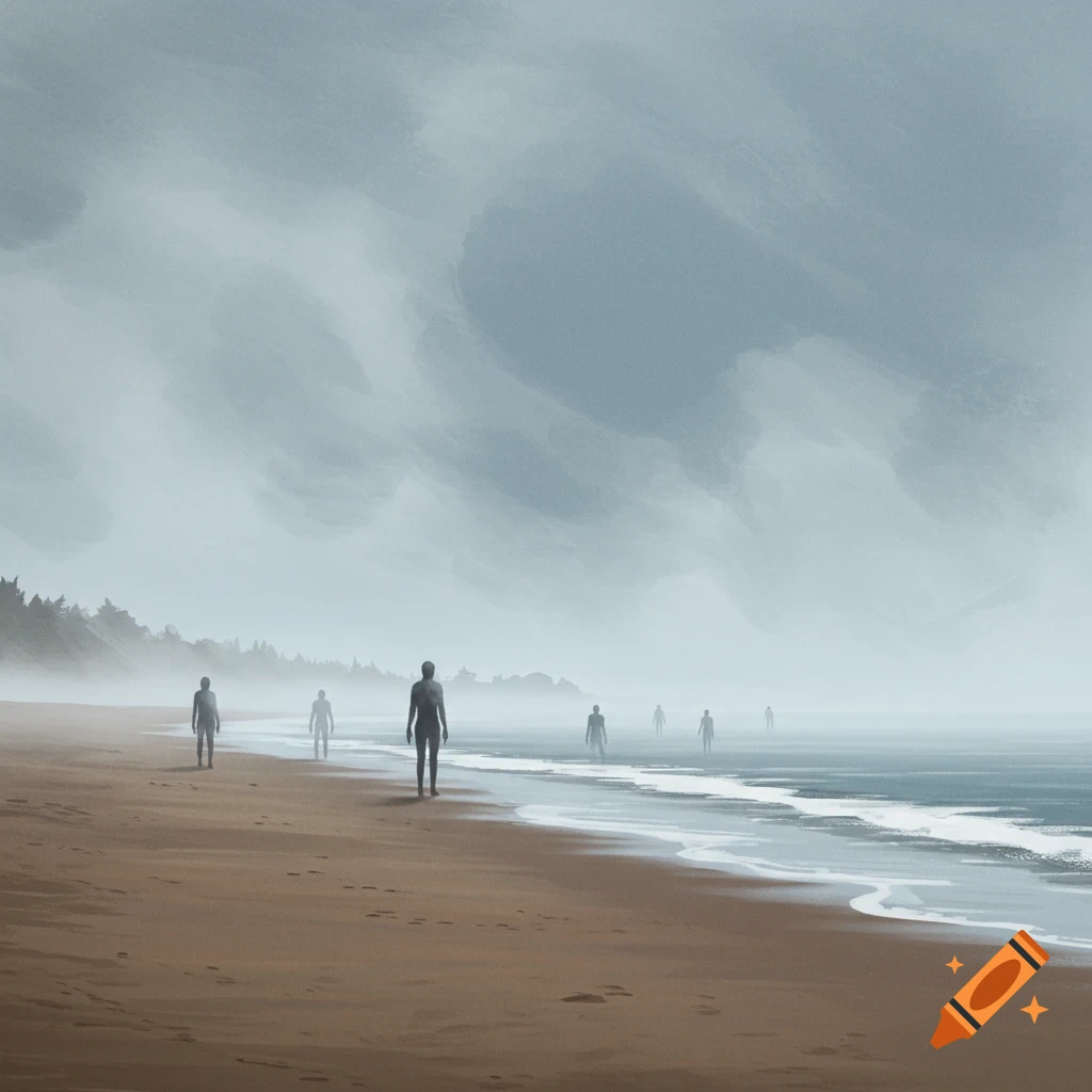 Silhouettes walk on a foggy beach.
