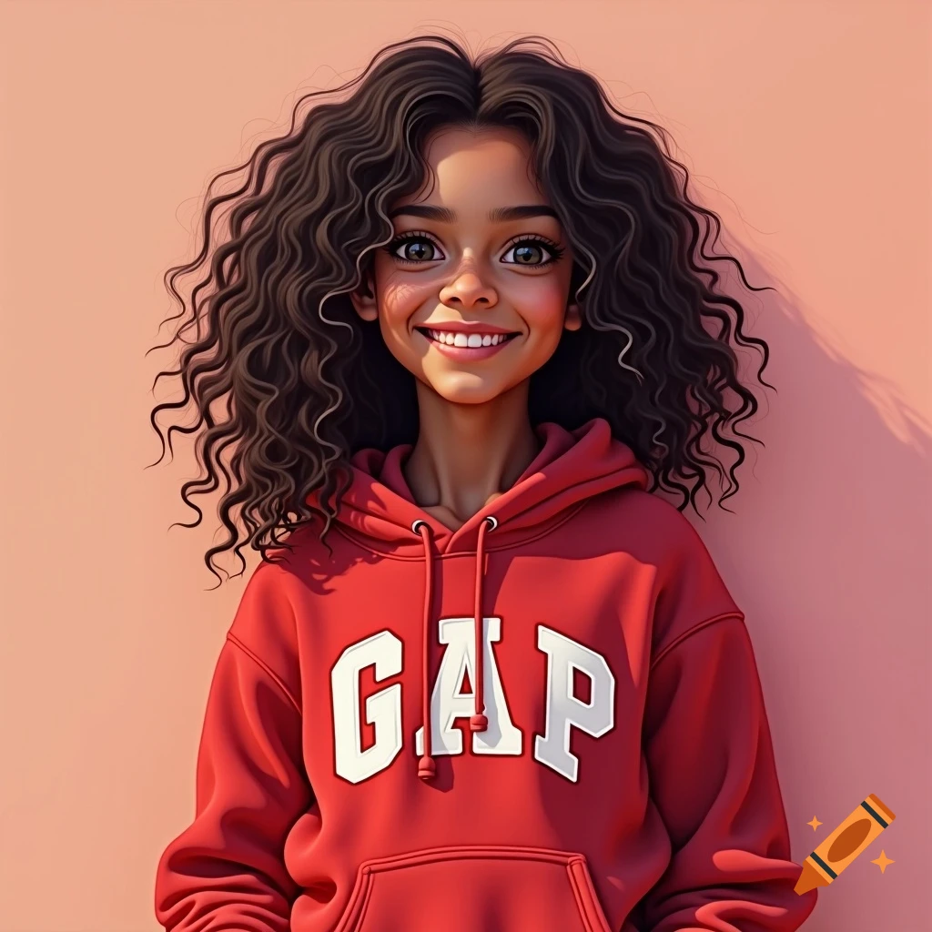 A Latina girl with curly hair wearing a red GAP hoodie