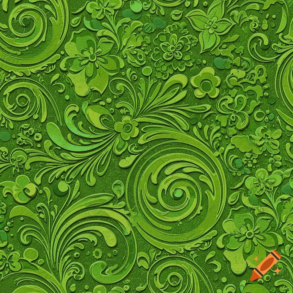 An embossed green floral pattern.