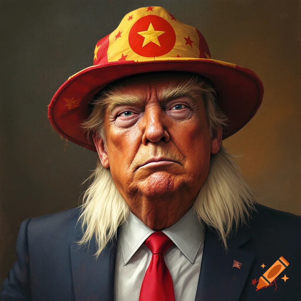 Portrait of Donald Trump wearing a star-patterned hat and suit with long blonde hair
