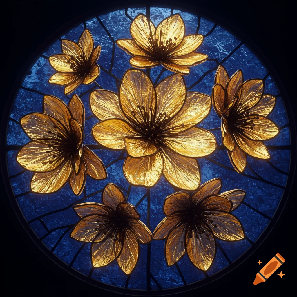 A round stained glass window with glowing gold flowers set against a textured blue background.