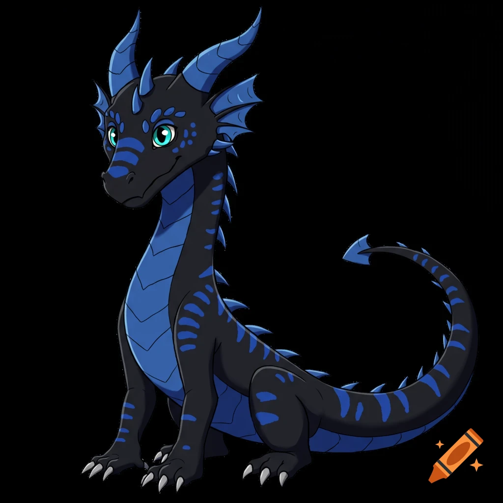 A cartoon black dragon with blue markings sitting.