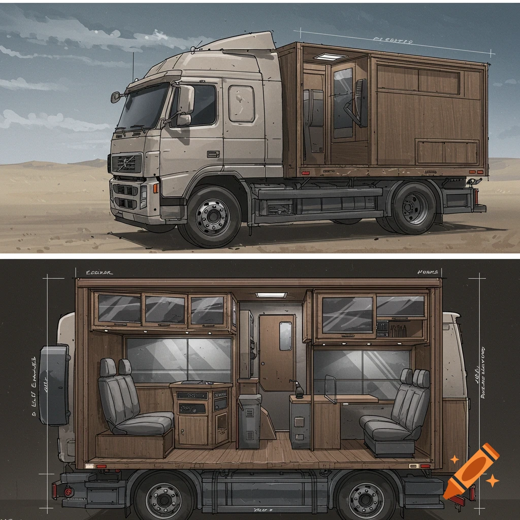 A detailed drawing of a truck's exterior in a desert and a cross-section view of its interior layout with design labels.