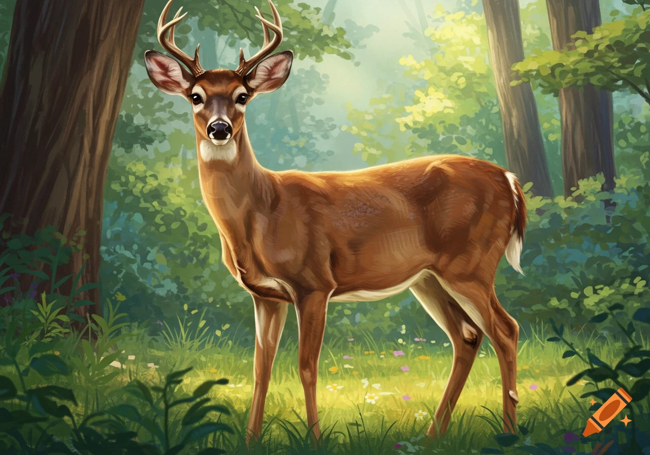 A deer stands in a forest clearing.