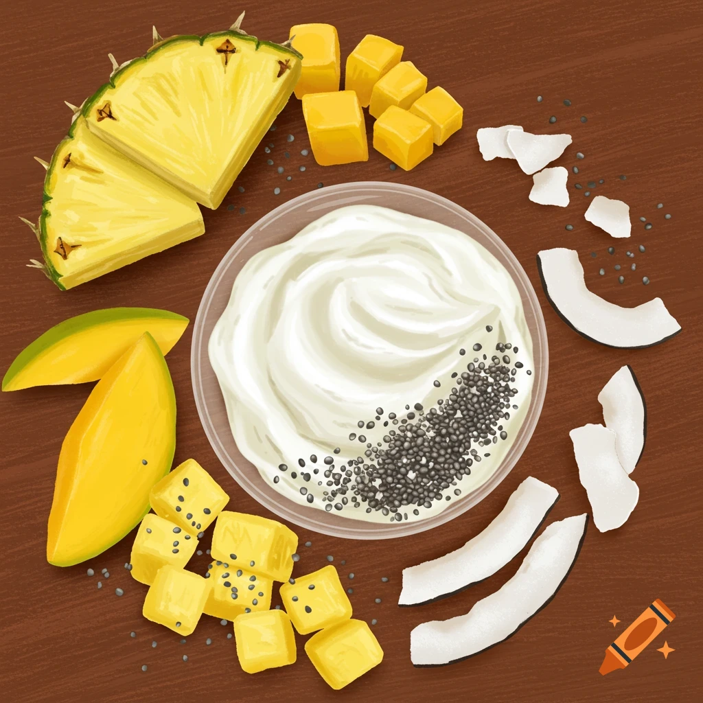 A vibrant bowl filled with tropical fruits, creamy yogurt, and tiny chia seeds.