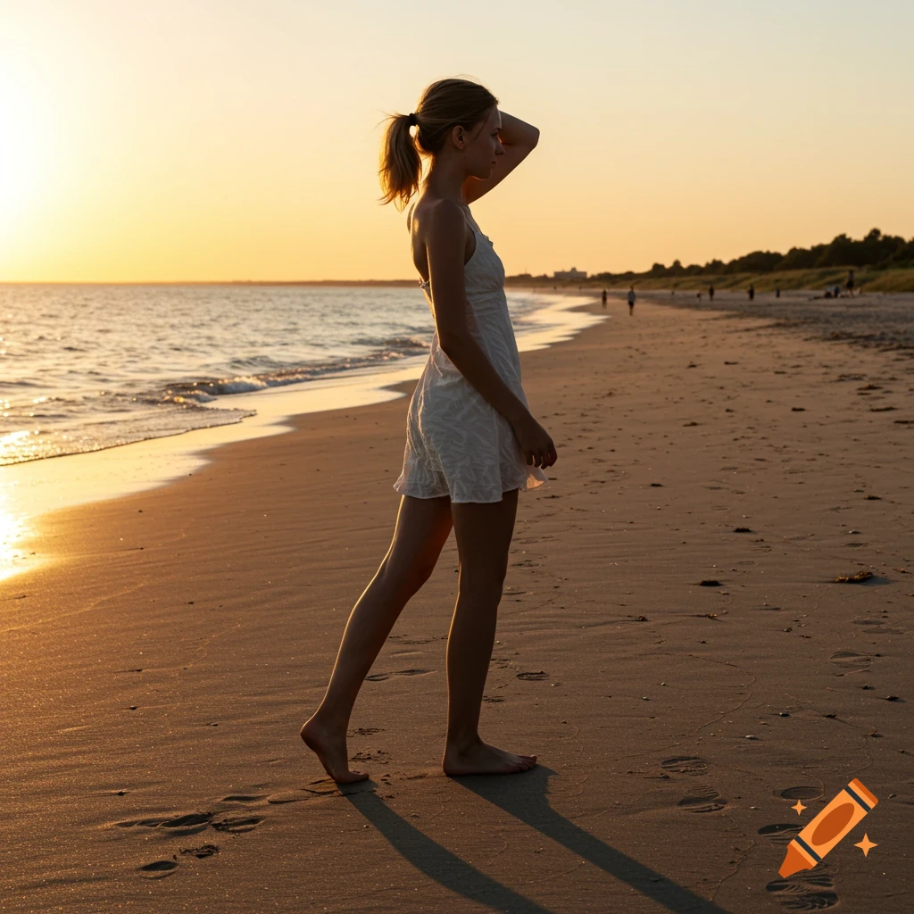 A woman with blonde hair in a dress walks barefoot on a beach at sunset.