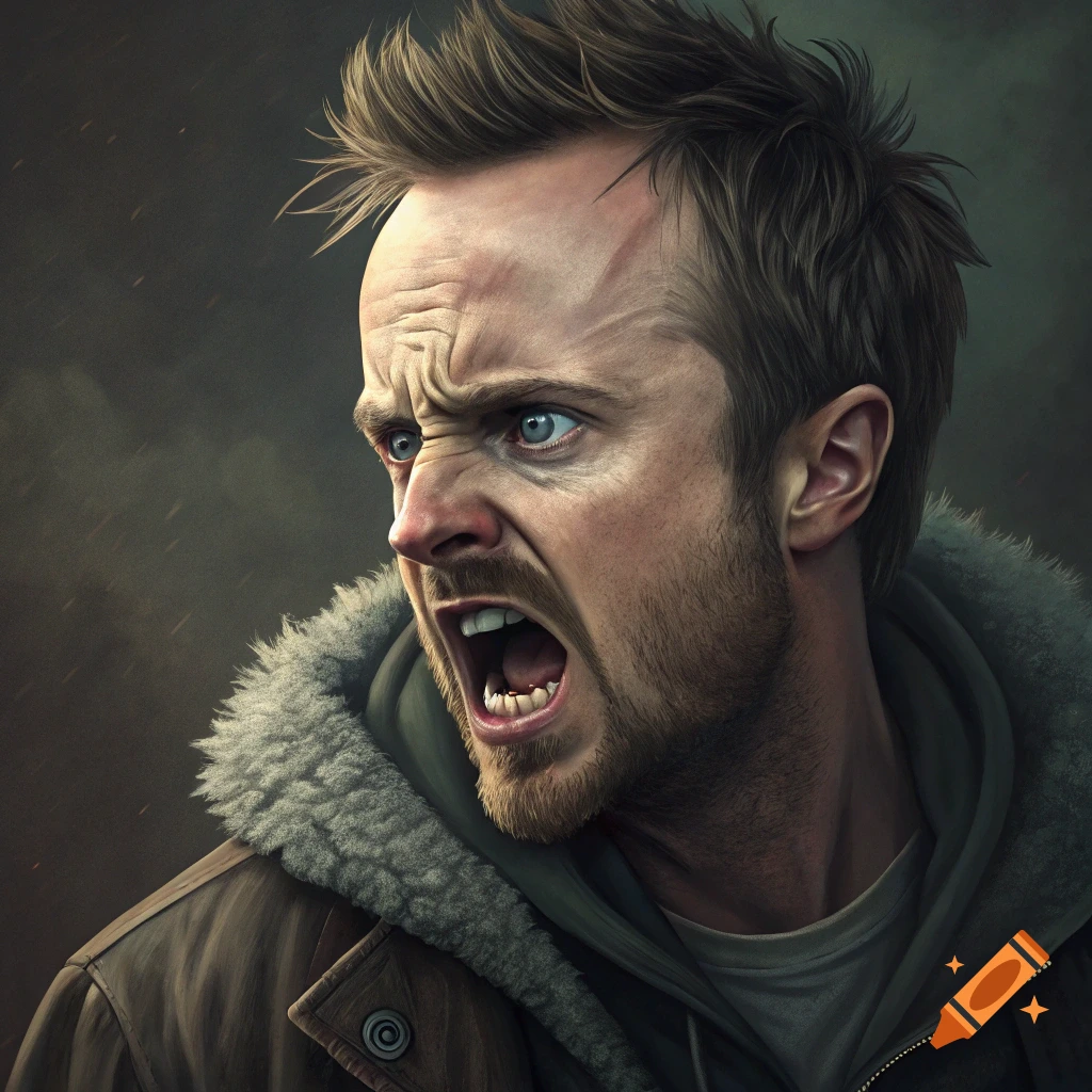Realistic portrait of a man resembling Aaron Paul shouting in fury, wearing a leather jacket with a fur collar.
