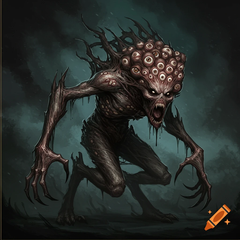 A monstrous fantasy creature with many eyes and sharp claws in a dark, atmospheric setting.