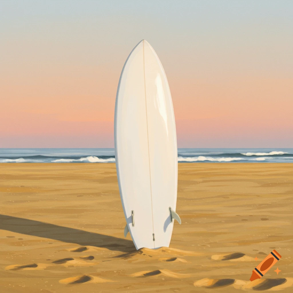 A white surfboard stands upright in the sand on a beach at sunset.