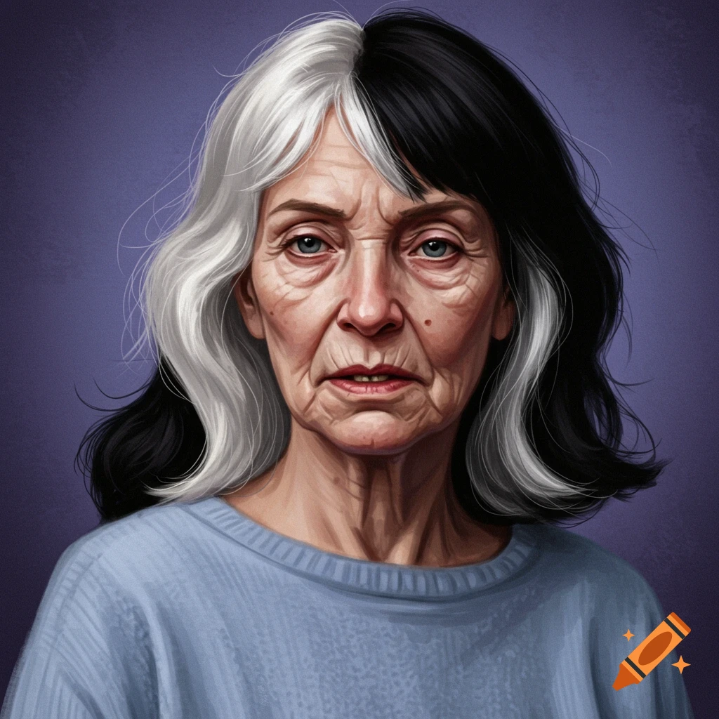 A portrait of an older woman with black and white split hair, wearing a blue sweater.