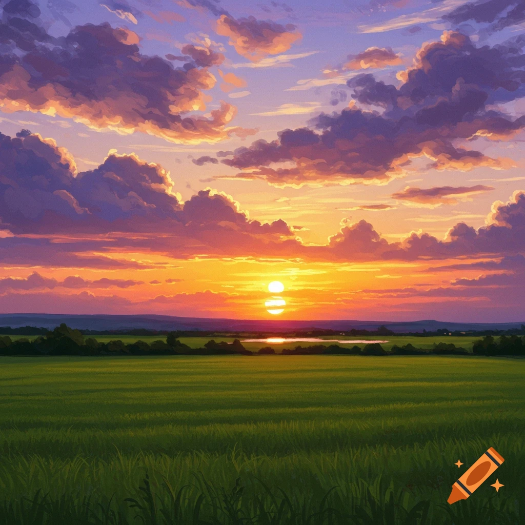 A colorful sunset over a green field.