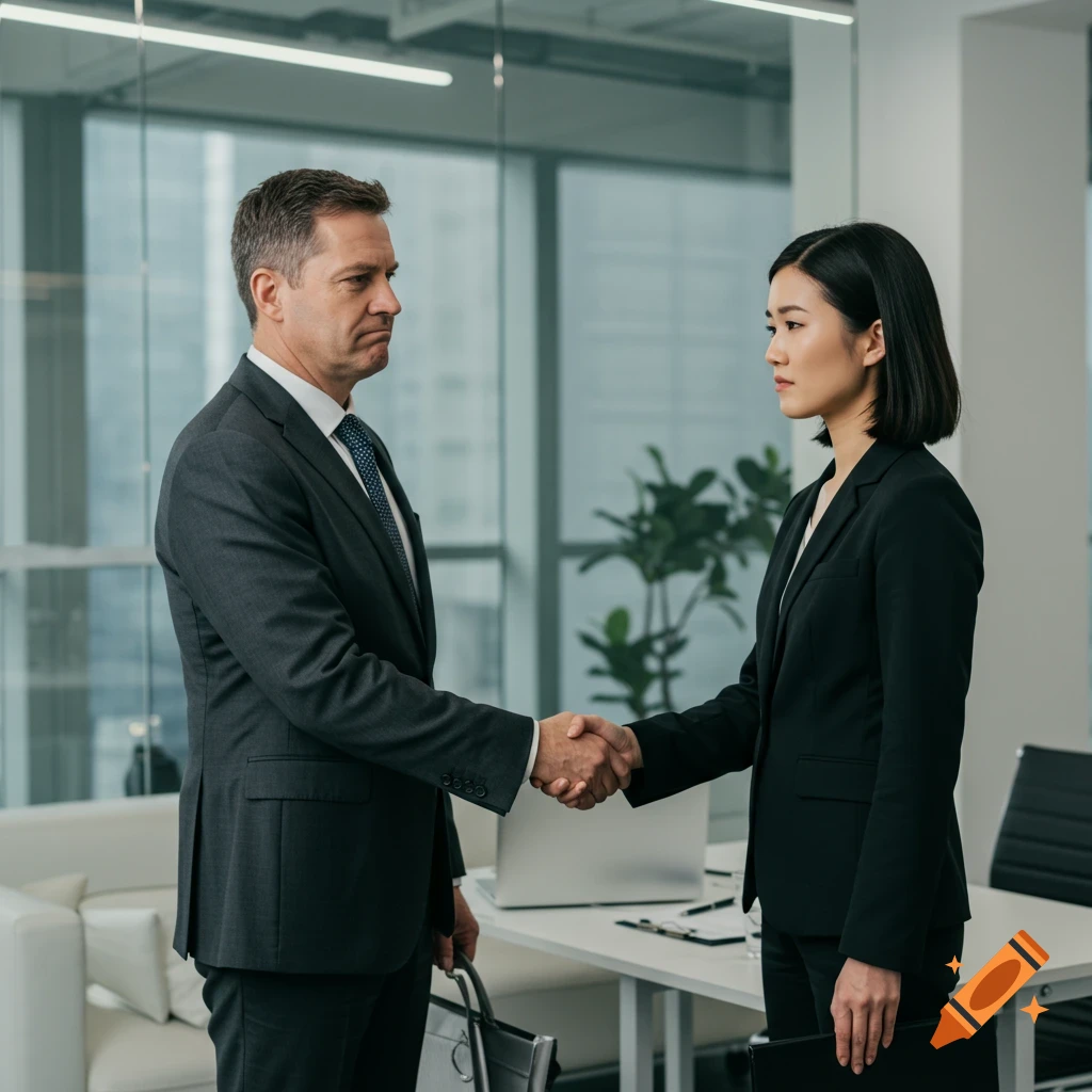 Two business people shake hands in an office, one frowning and looking away.