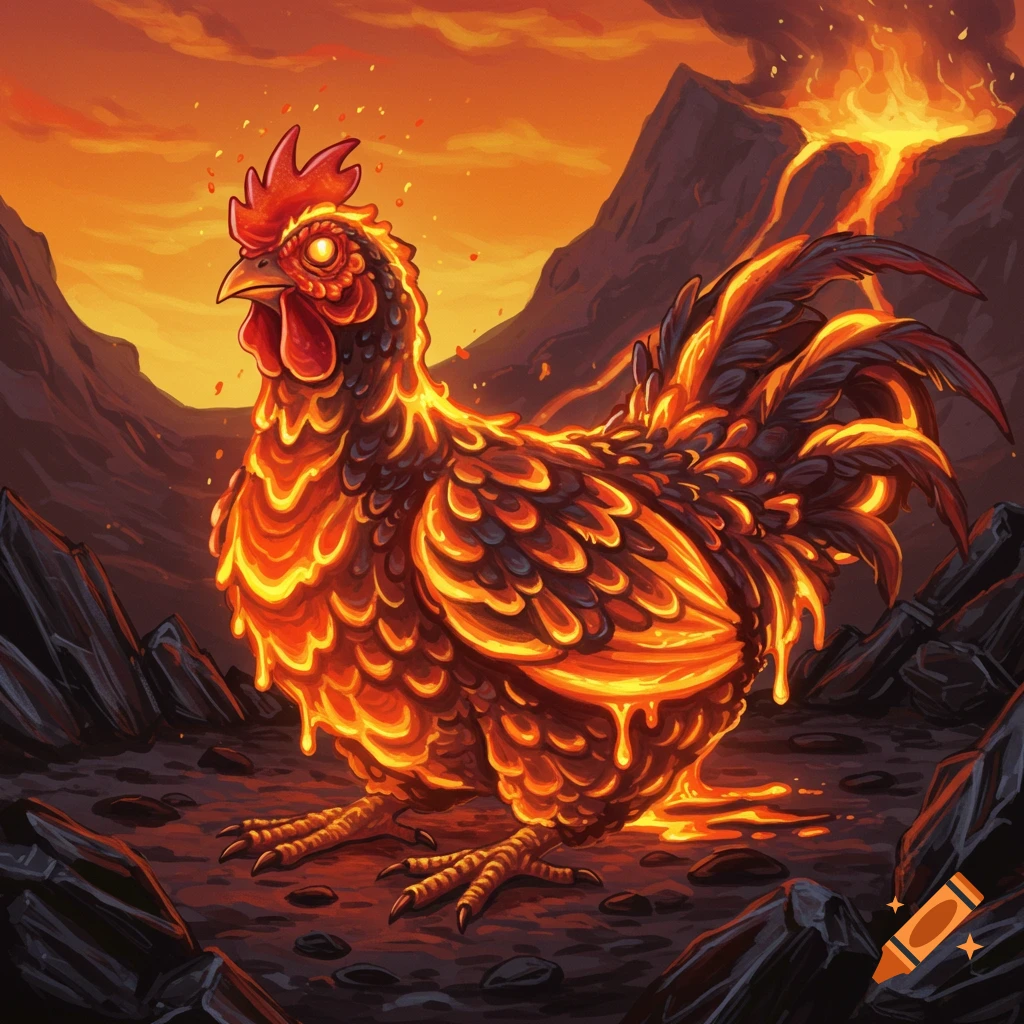 A chicken made of lava in a volcanic landscape.