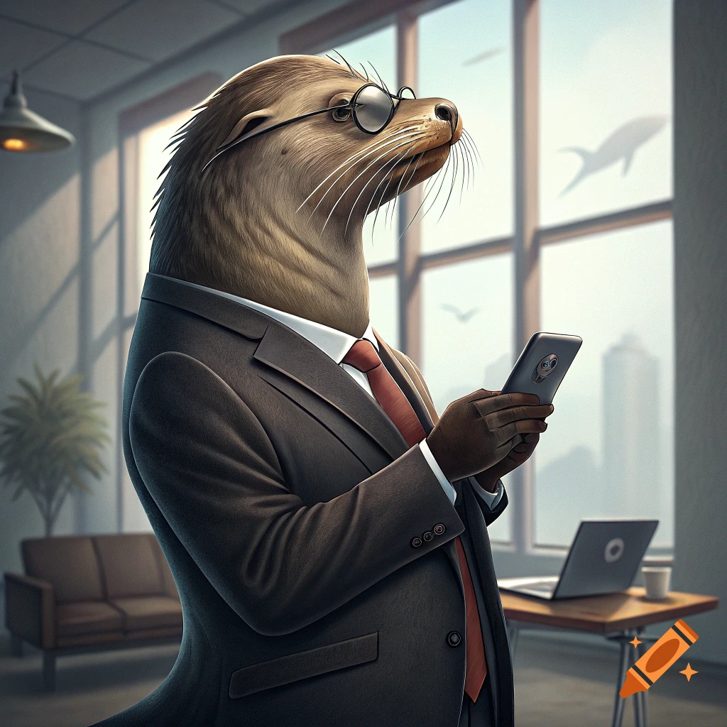 An anthropomorphic sea lion in a suit and glasses holds a phone in an office.