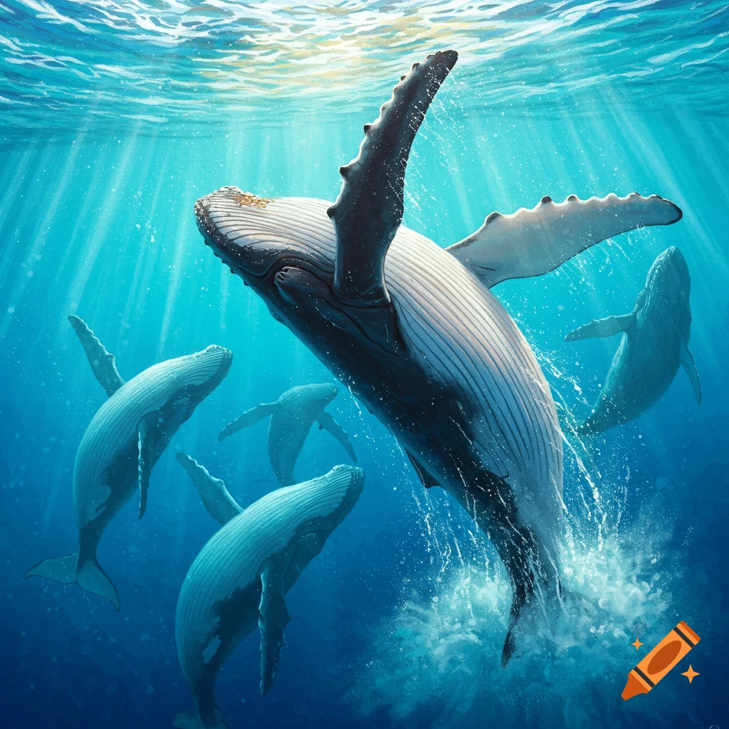 Humpback whales swimming underwater with sunlight streaming through the surface, one breaching slightly.