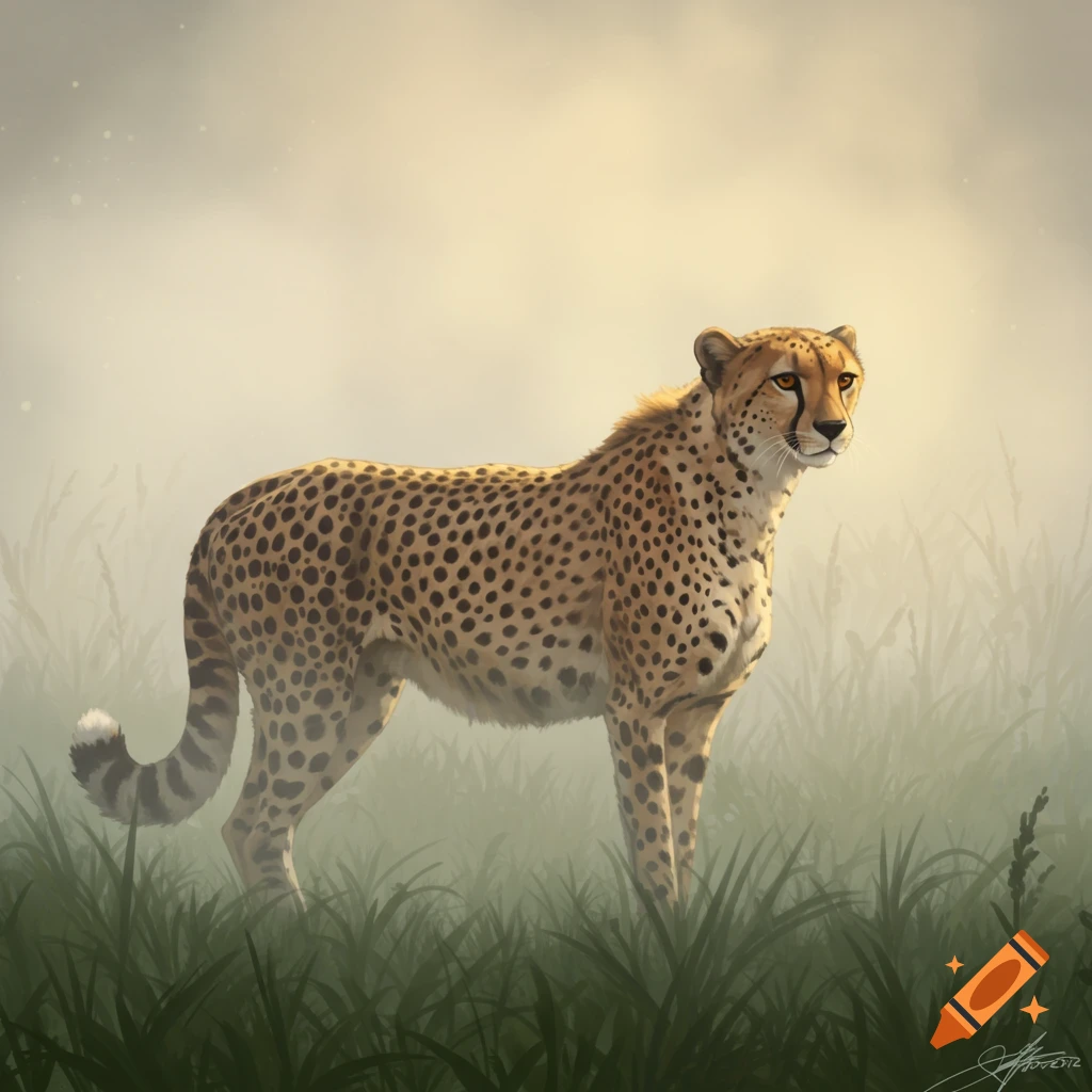 A cheetah standing in tall grass and mist.
