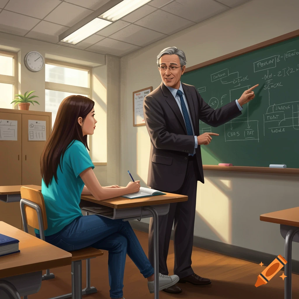 A teacher points at a chalkboard while a student watches in a classroom.