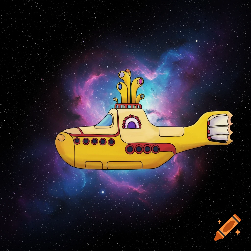 A stylized yellow submarine floats in space among stars and a colorful nebula.