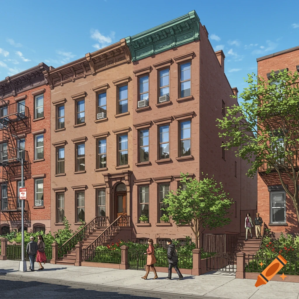 A brownstone building with steps, fence, trees, people walking on the sidewalk, and a street sign.