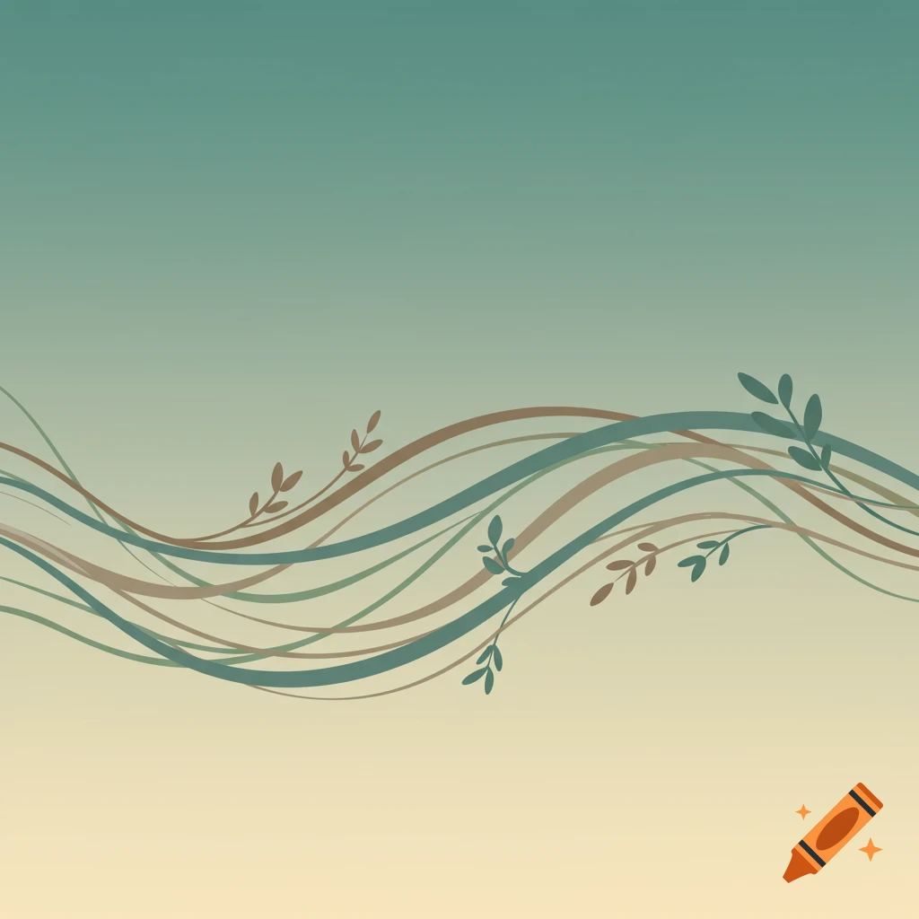 Abstract background with a teal to beige gradient and flowing lines with stylized leaves.