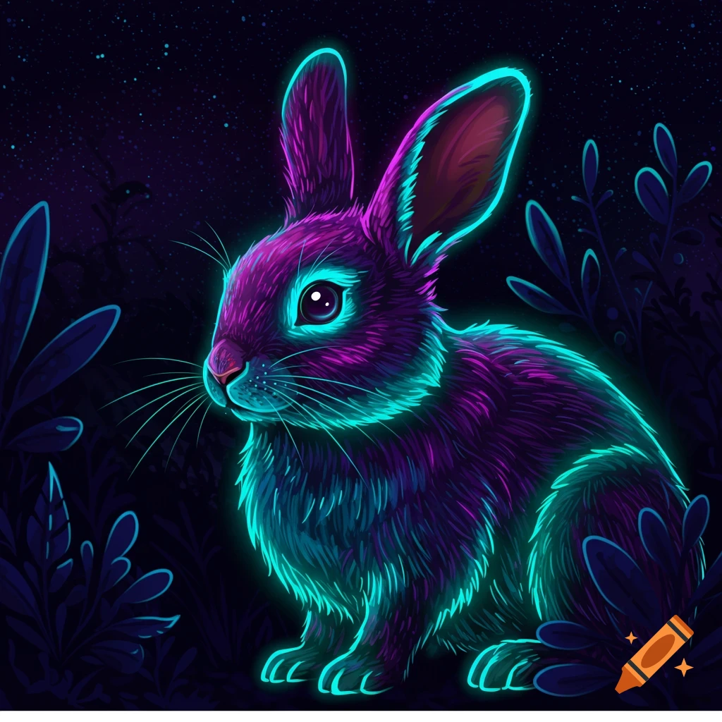 A stylized vector illustration of a glowing purple and teal bunny in a dark, starry forest.