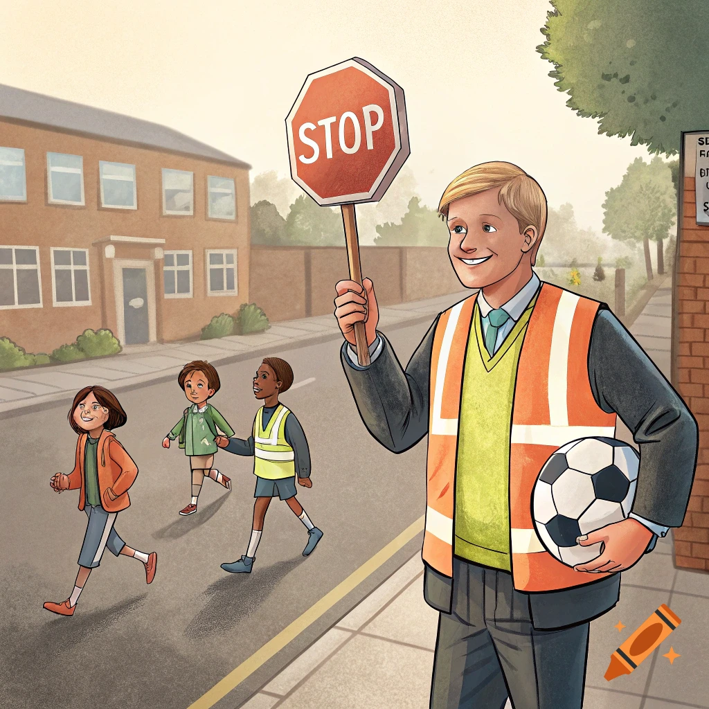 Illustration of a school crossing guard with a stop sign and football guiding children across a street.