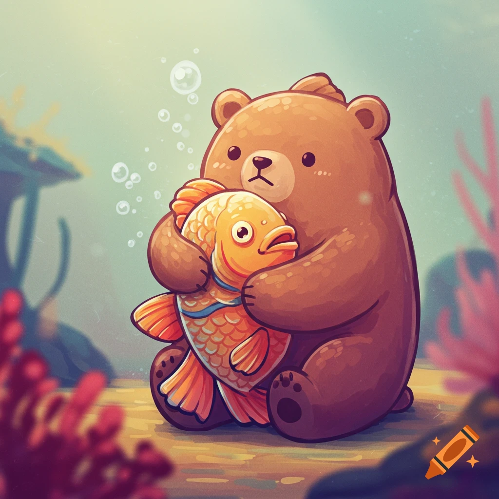 Cartoon bear hugging a large gold fish underwater