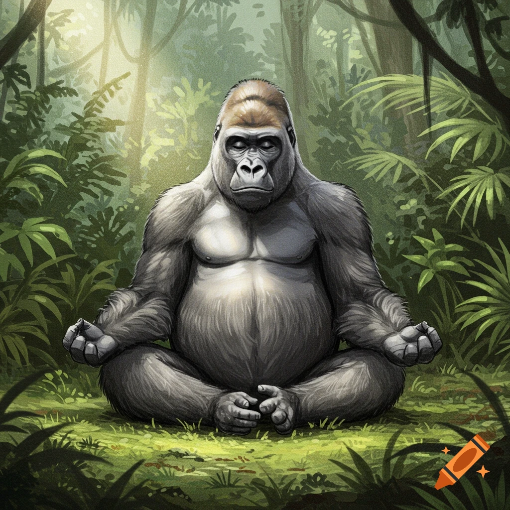 Digital illustration of a large gorilla sitting in a cross-legged meditation pose in a jungle clearing.