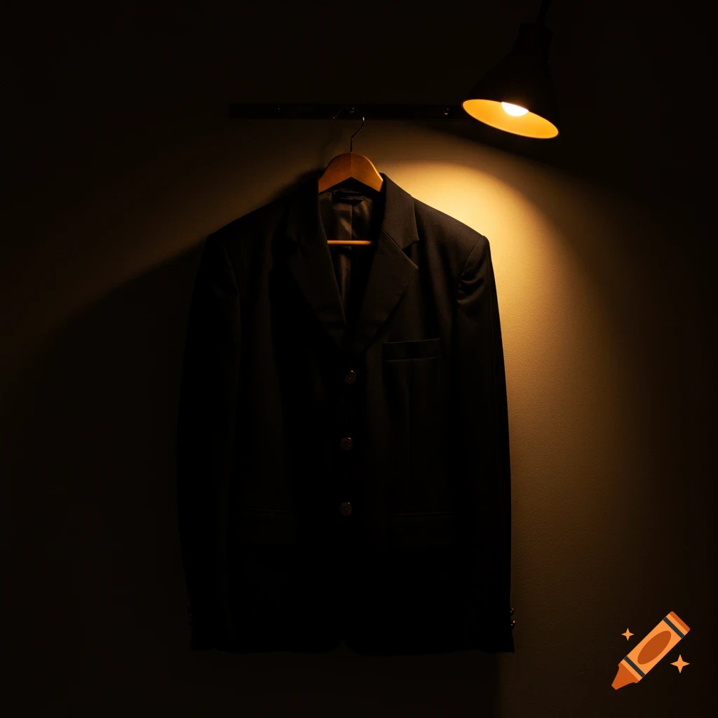 A black jacket hangs on a hanger on a dark wall, illuminated by a spotlight.