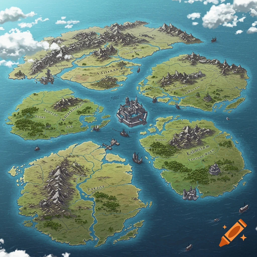 An aerial fantasy map showing five large, shattered landmasses surrounded by water, with mountains, forests, structures, ships, and text labels.