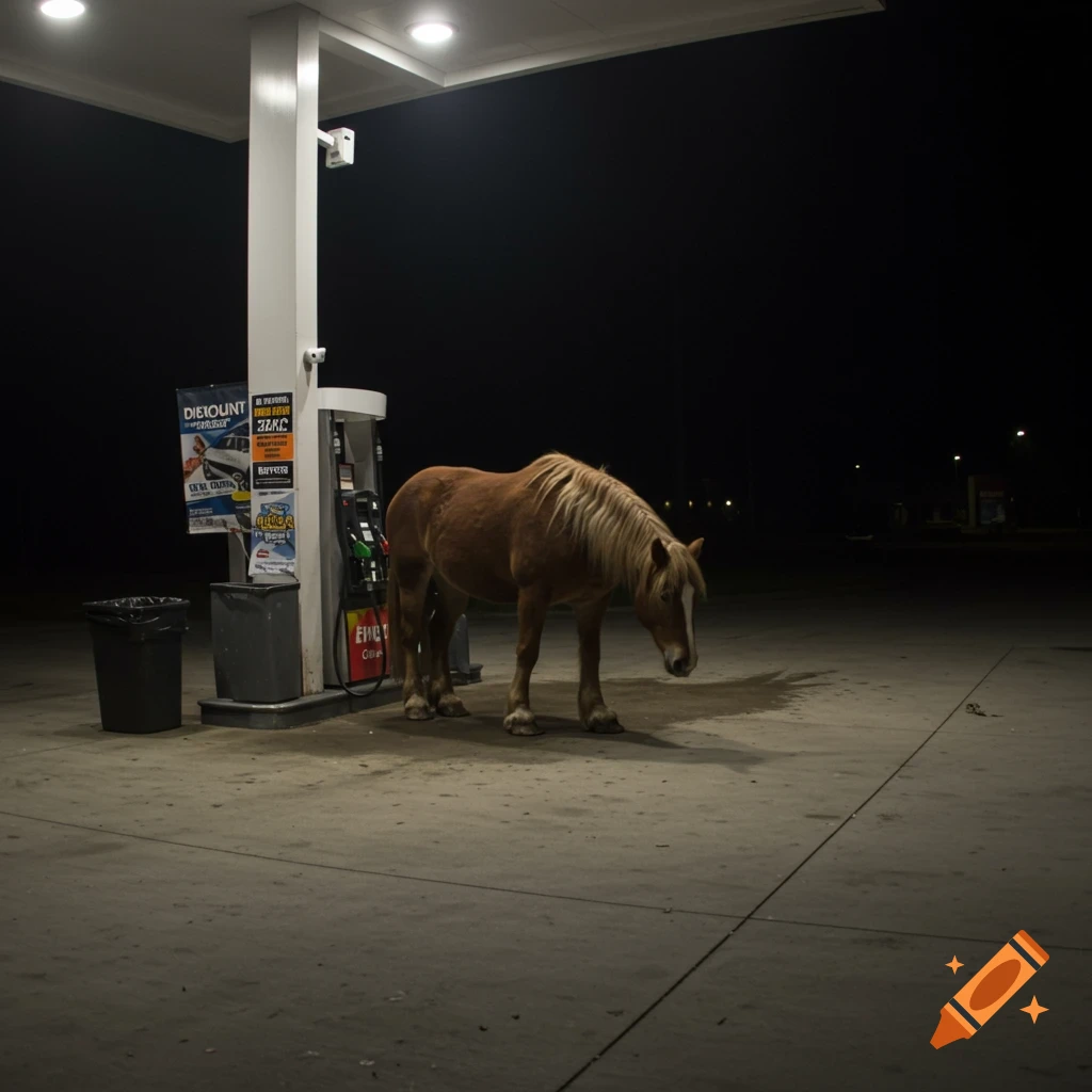 A horse stands next to a gas pump at a dimly lit gas station at night.