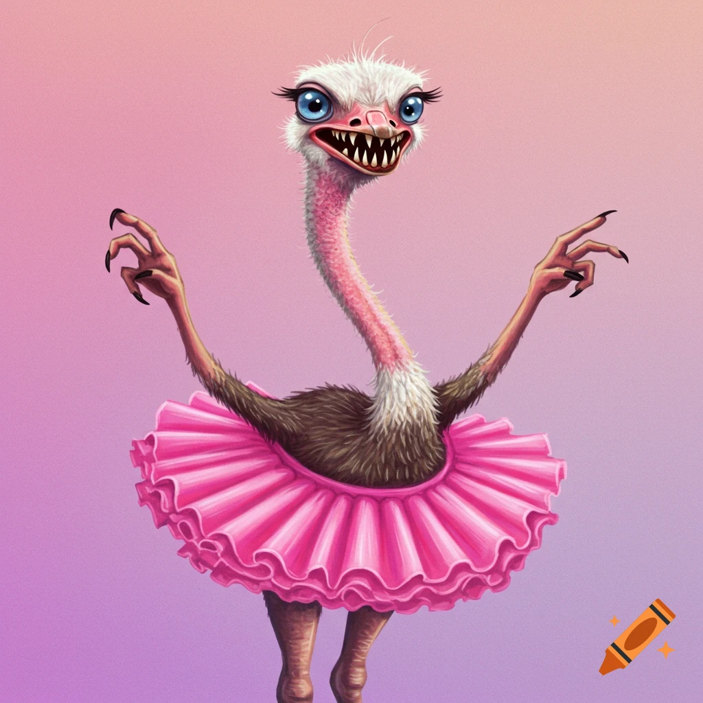 A cartoon ostrich wearing a pink tutu and showing sharp teeth.