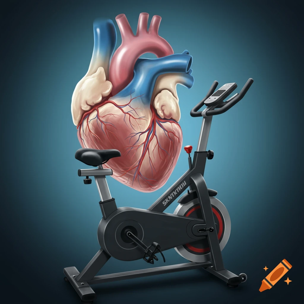 A human heart sits next to a spin bike.